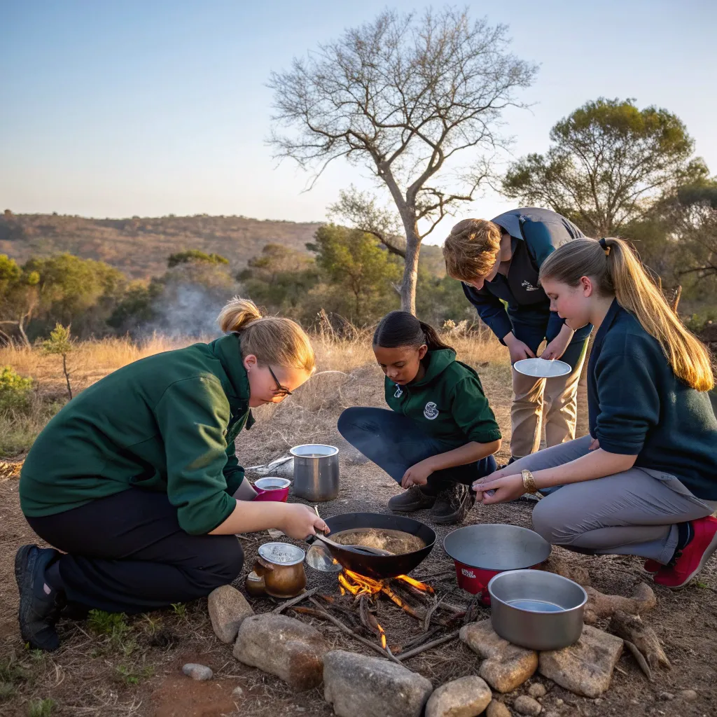Group of students learning outdoor cooking techniques